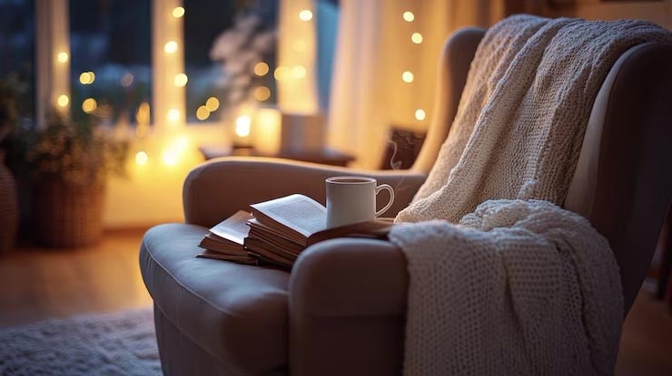 Warm indoor lighting suggesting a calm evening transition away from work devices